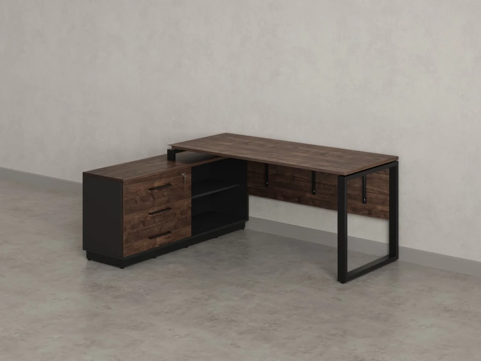 Стол прямой с тумбой L, ЛДСП экран, О-опора 1400x1400x750 RM013L-14x6 Дуб Апрельский шоколад/Черный