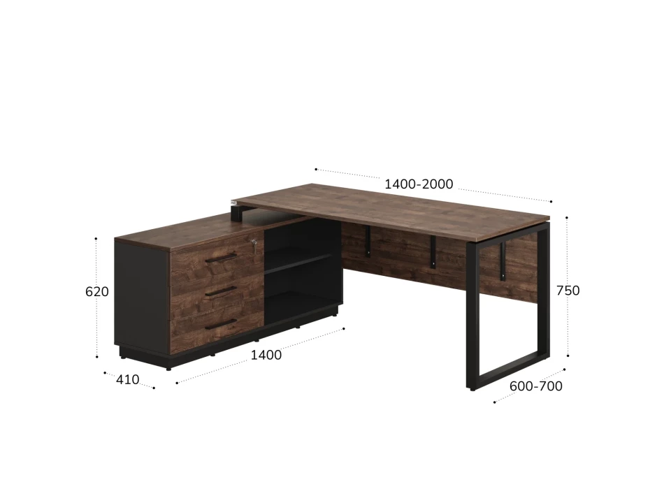 Стол прямой с тумбой L, ЛДСП экран, О-опора 1400x1400x750 RM013L-14x6 Дуб Апрельский шоколад/Черный