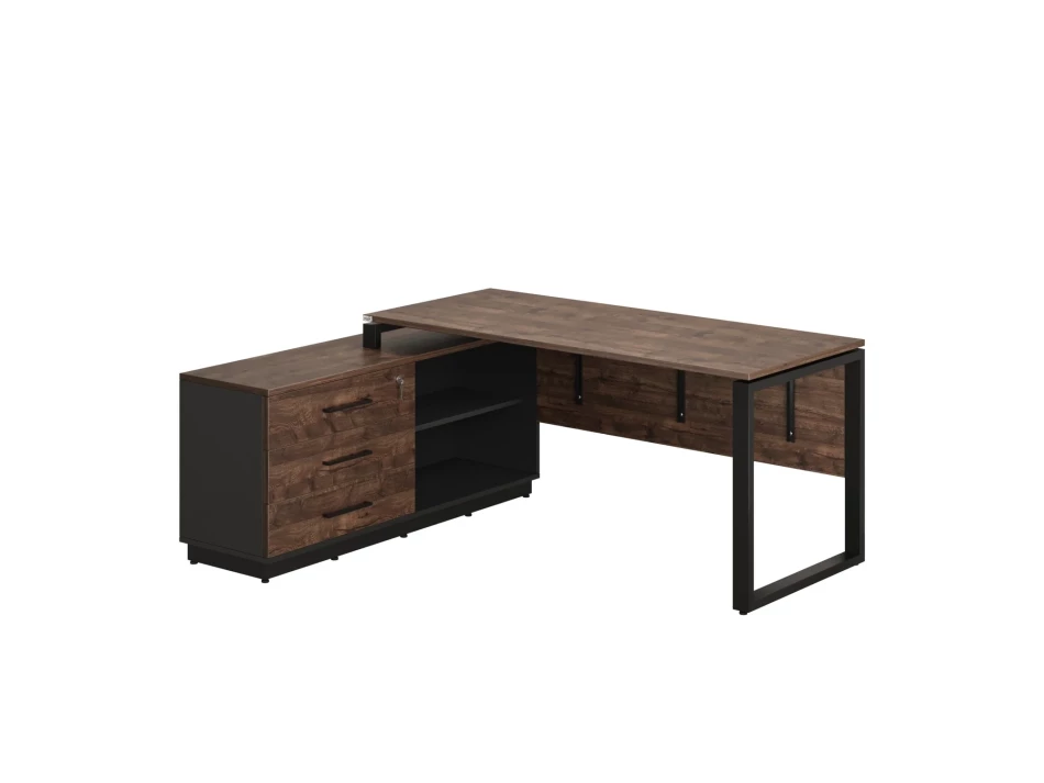 Стол прямой с тумбой L, ЛДСП экран, О-опора 1400x1400x750 RM013L-14x6 Дуб Апрельский шоколад/Черный