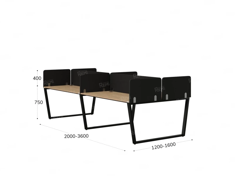 Бенч-система, 4 рабочих места, на U-образных опорах, 8 тканевых экранов 3600x1600x750 RM173-1-18x16 Вяз Швейцарский светлый/Черный