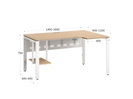 Стол угловой, экран металл, П-опора, правый 1800x600/900x750, RM058-18x6-9 Вяз Швейцарский светлый/Белый