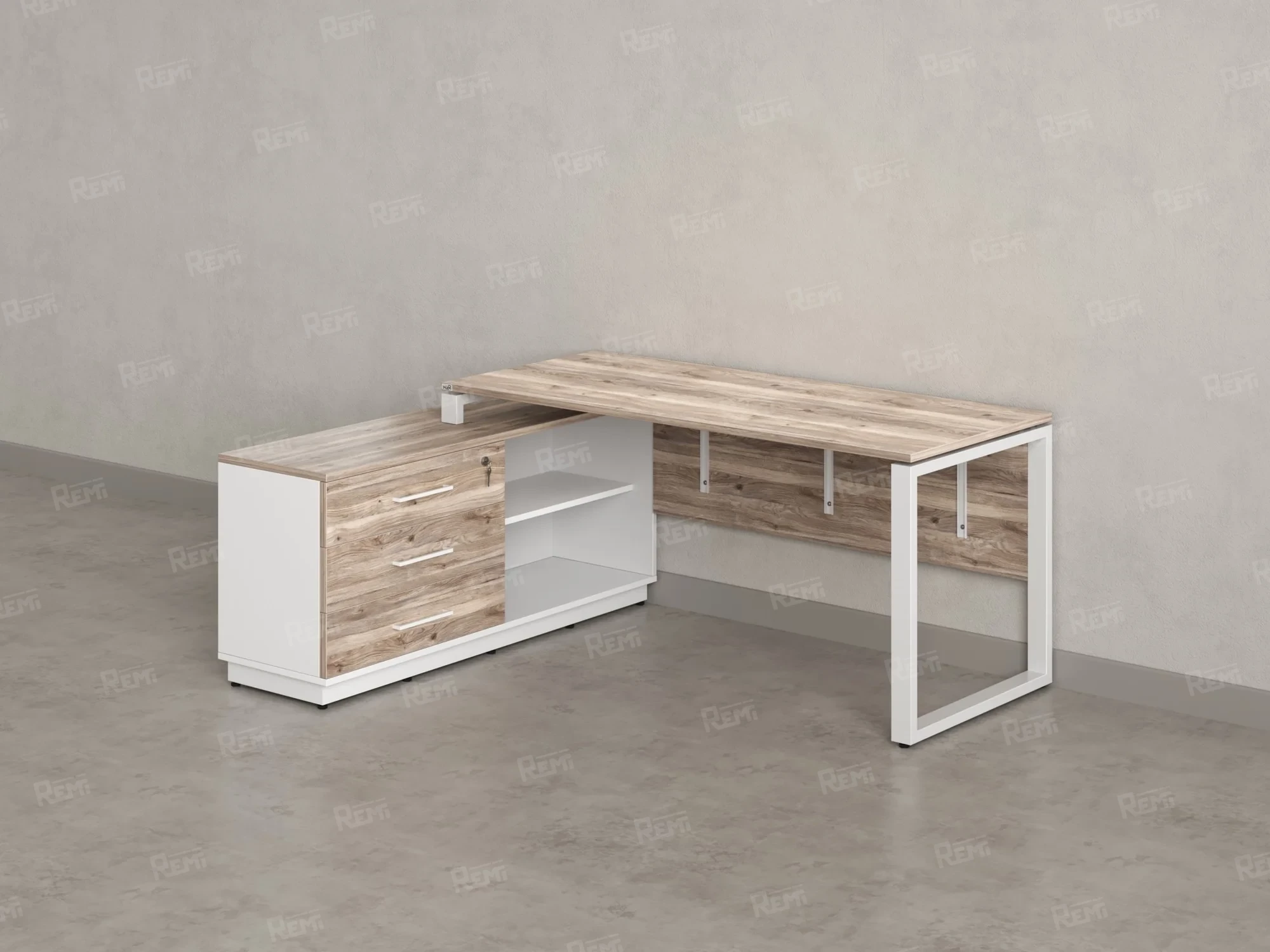 Стол прямой с тумбой L, ЛДСП экран, О-опора 1400x1400x750 RM013L-14x6 Дуб Маувелла/Белый