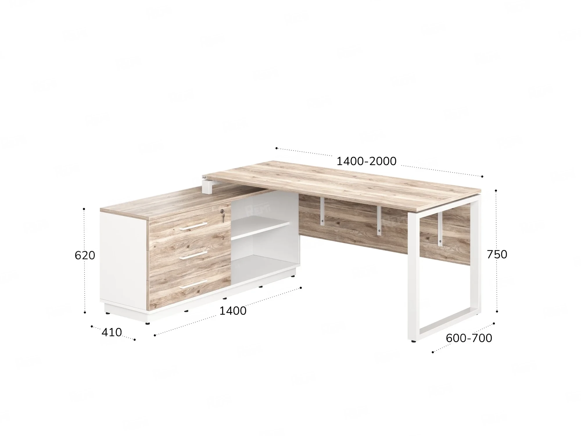 Стол прямой с тумбой L, ЛДСП экран, О-опора 1400x1400x750 RM013L-14x6 Дуб Маувелла/Белый