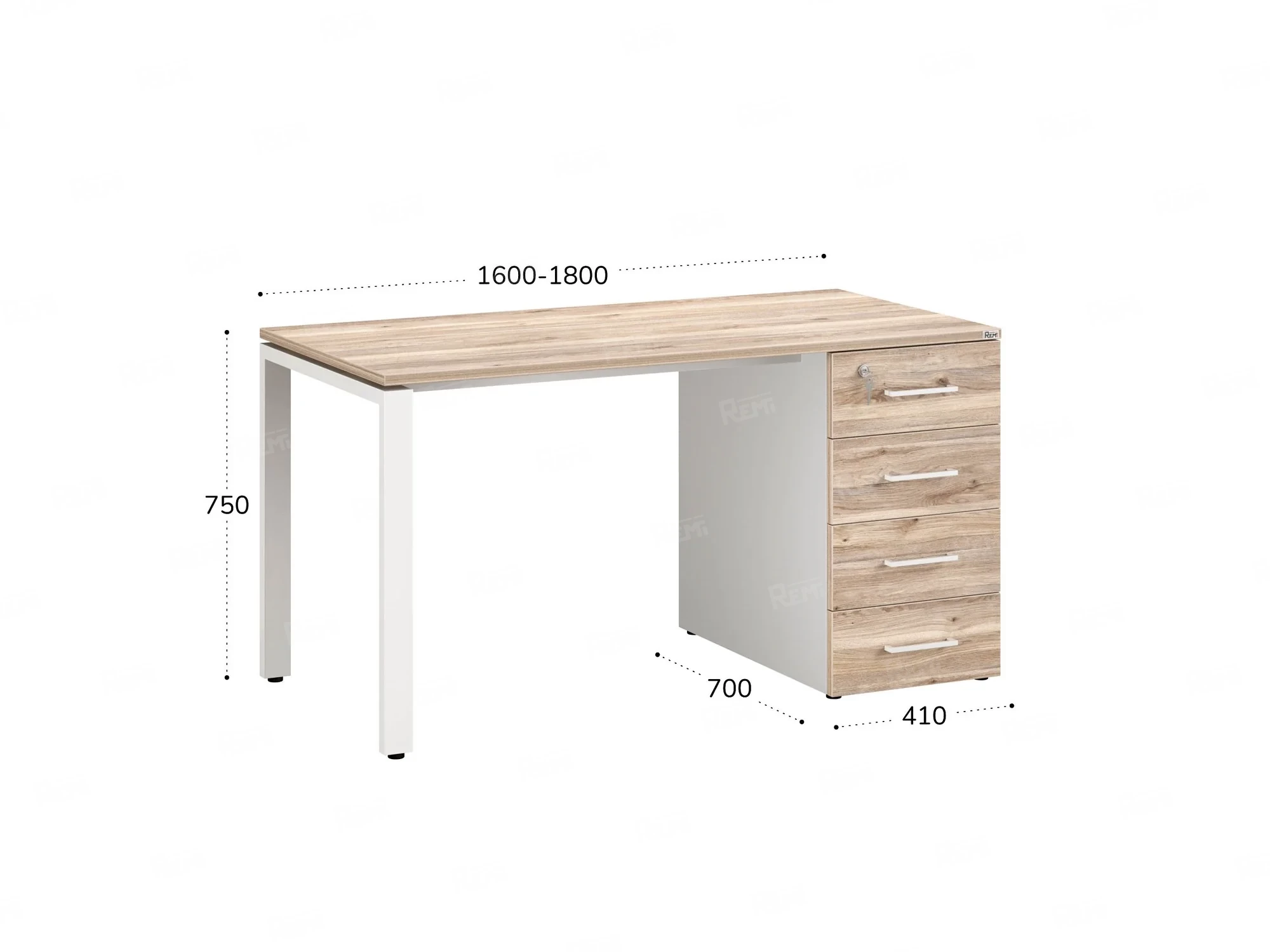 Стол прямой с тумбой на П-образных опоре, правый 1800x700x750 RM103-18x7 Дуб Маувелла/Белый