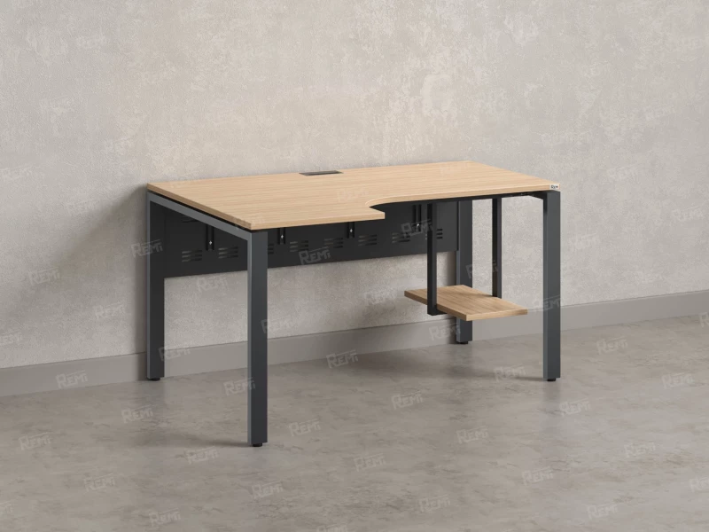 Стол угловой, экран металл, П-опора, левый 1400x600/900x750, RM059-14x6-9 Вяз Швейцарский светлый/Серый