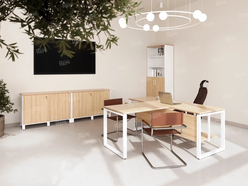 Стол прямой, подвесная тумба, ЛДСП экран, О-опора 1800x700x750 RM032-18x7 Вяз Швейцарский светлый/Белый