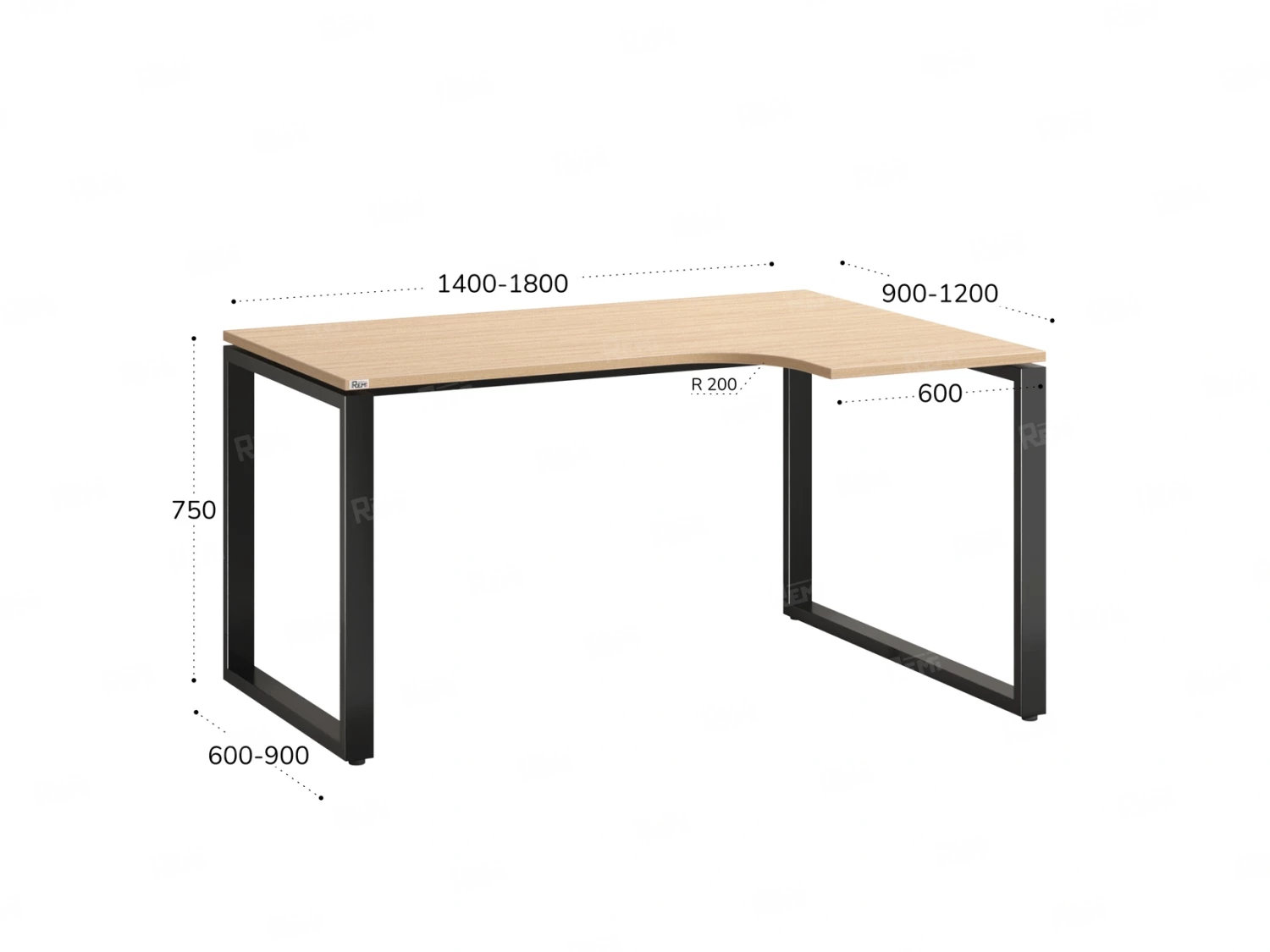 Стол угловой, О-опора, правый 1400x600/900x750, RM054-14x6-9 Вяз Швейцарский светлый/Черный