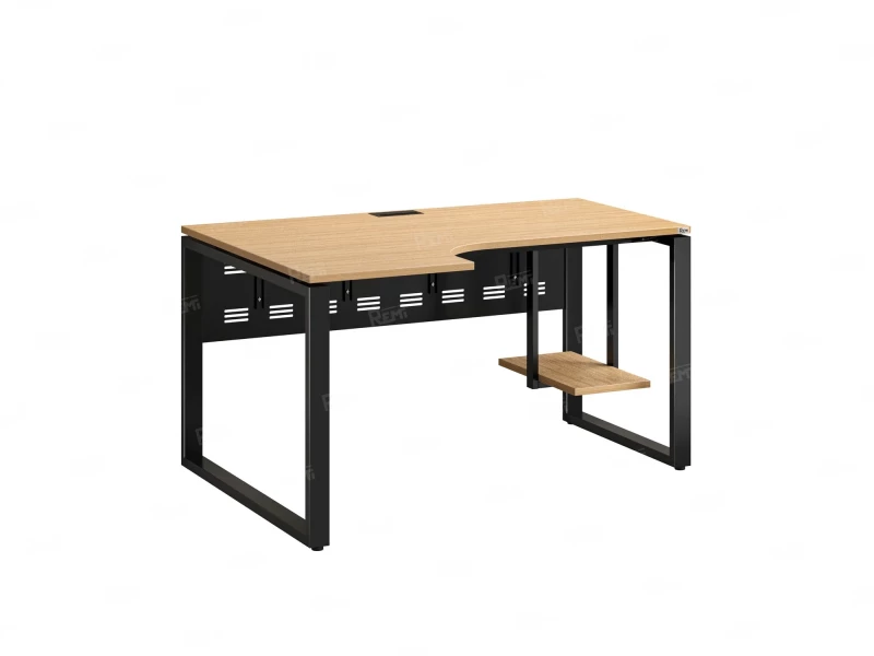 Стол угловой, экран металл, О-опора, левый 1600x600/900x750, RM056-16x6-9 Вяз Швейцарский светлый/Черный