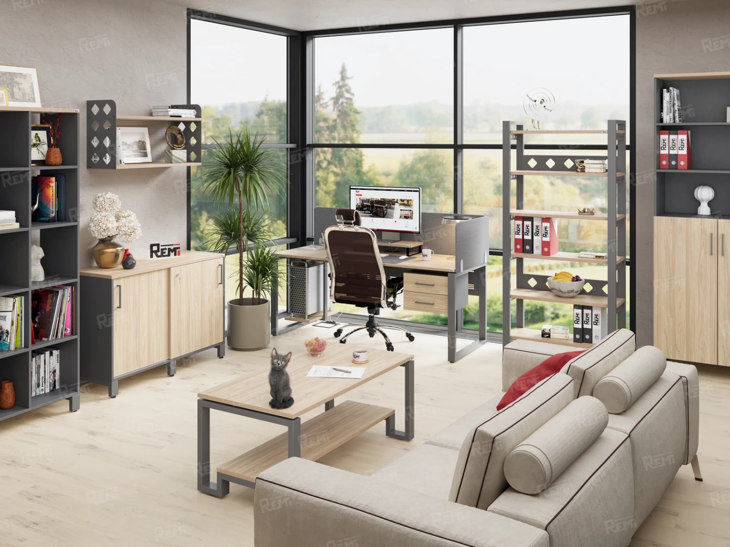 Бенч-система в 1 ряд, 2 рабочих места 2 тканевых экранов 3200x800x750 RM168-3-32x8 Вяз Швейцарский светлый/Серый