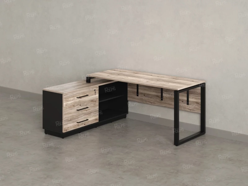 Стол прямой с тумбой L, ЛДСП экран, О-опора 1400x1400x750 RM013L-14x6 Дуб Маувелла/Черный