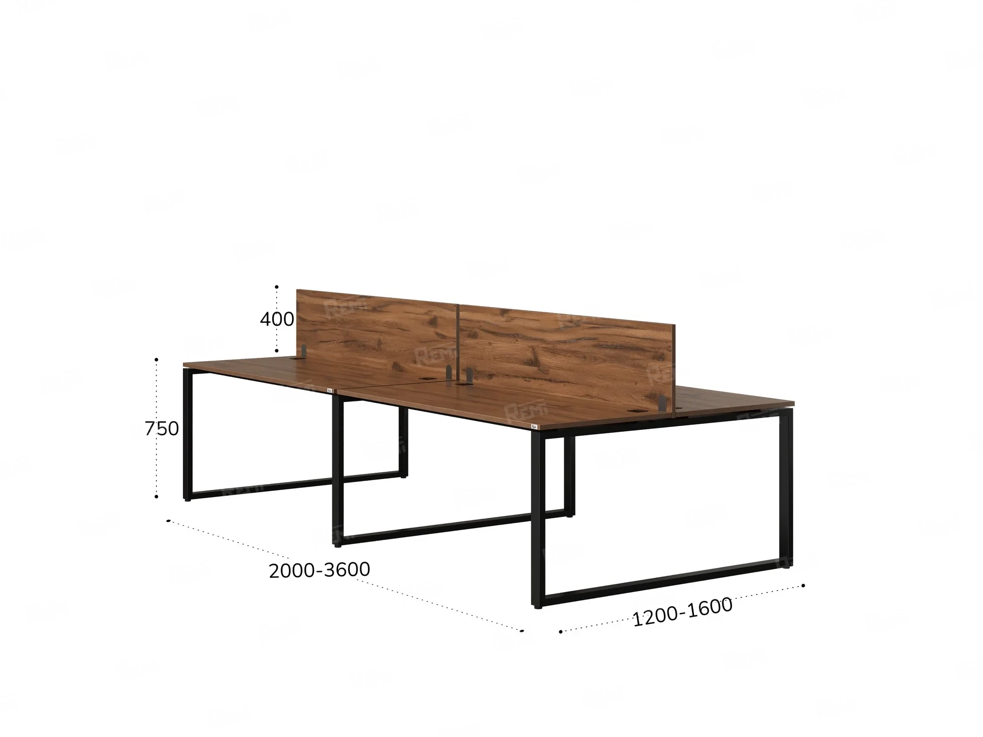 Бенч-система, 4 рабочих места, на О-образных опорах, 2 ЛДСП экранов 3600x1200x750 RM170-4-18x12 Дуб Юстус/Черный