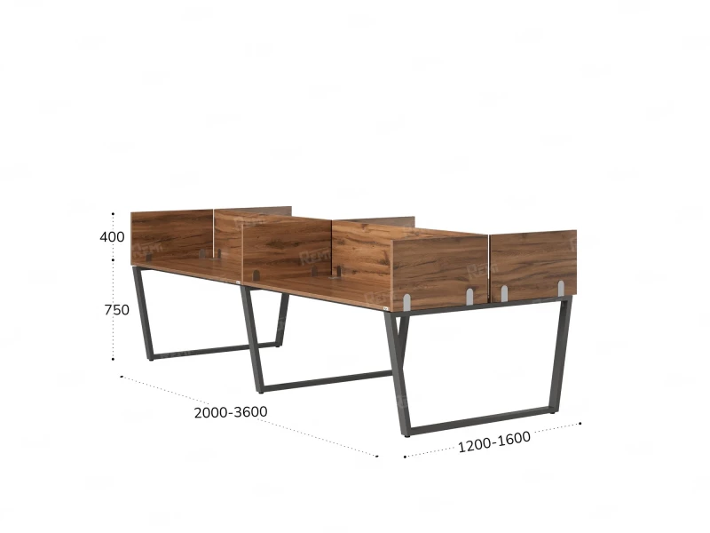 Бенч-система, 4 рабочих места, на U-образных опорах, 8 ЛДСП экранов 3600x1200x750 RM173-2-18x12 Дуб Юстус/Серый