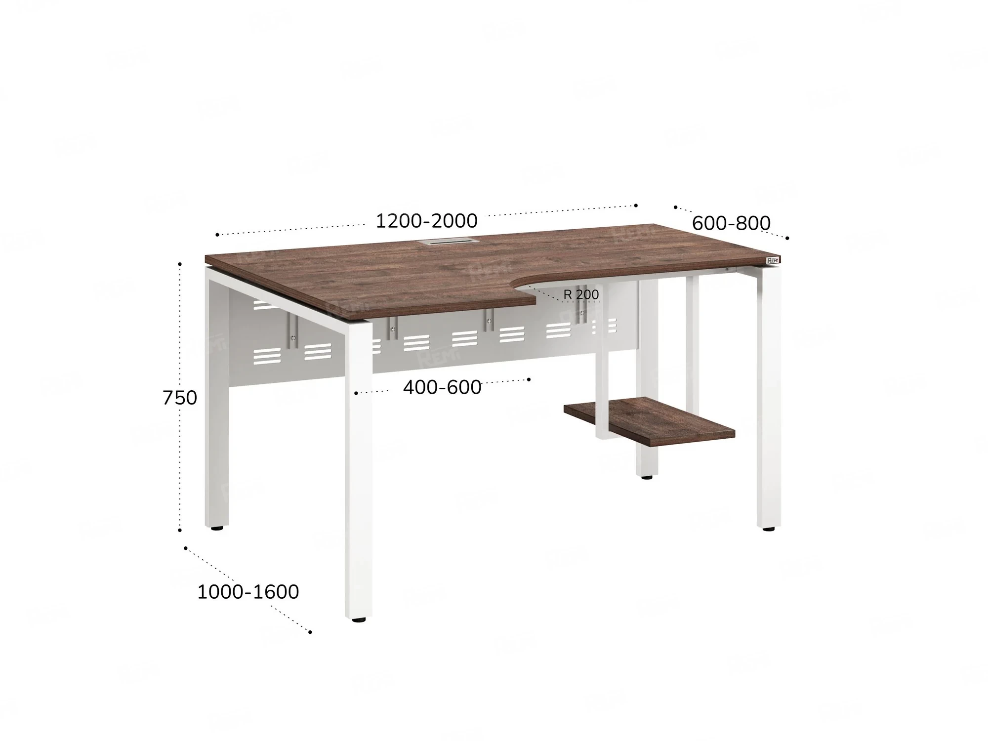 Стол угловой, экран металл, П-опора, левый 1400x600/900x750, RM059-14x6-9 Дуб Апрельский шоколад/Белый
