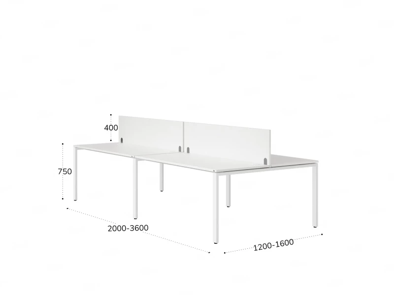 Бенч-система, 4 рабочих места, на П-образных опорах, 2 ЛДСП экранов 2400x1200x750 RM166-4-12x12 Белый/Белый