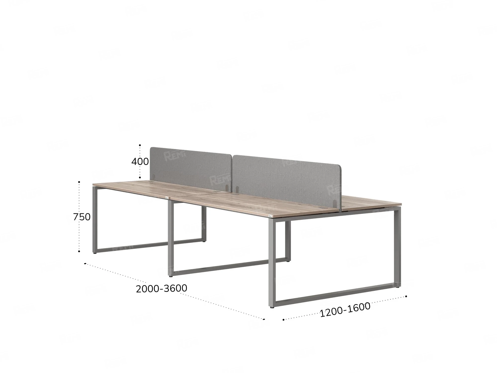 Бенч-система, 4 рабочих места, на О-образных опорах, 2 тканевых экранов 3600x1600x750 RM170-3-18x16 Дуб Маувелла/Серый