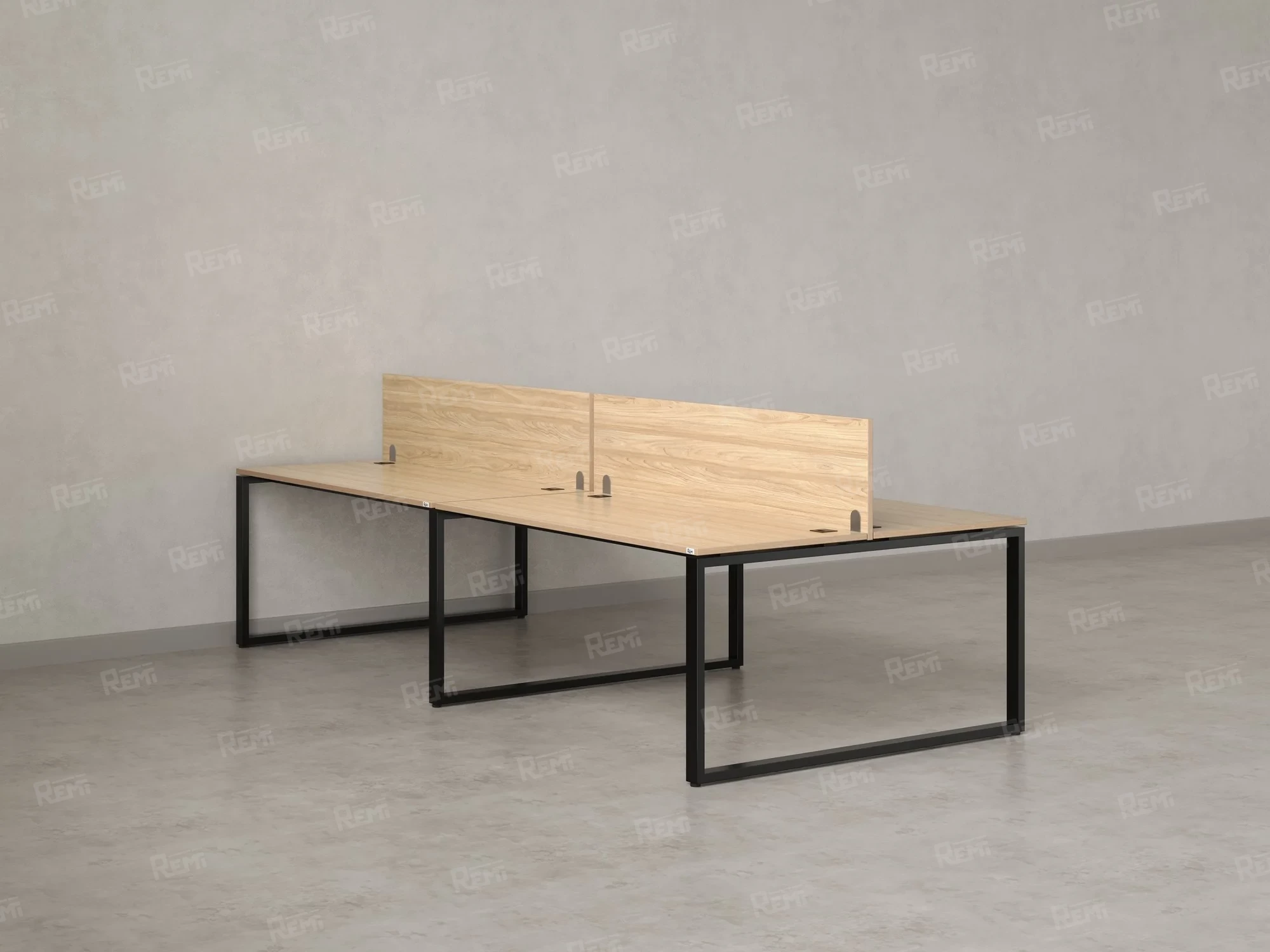 Бенч-система, 4 рабочих места, на О-образных опорах, 2 ЛДСП экранов 2800x1200x750 RM170-4-14x12 Вяз Швейцарский светлый/Черный