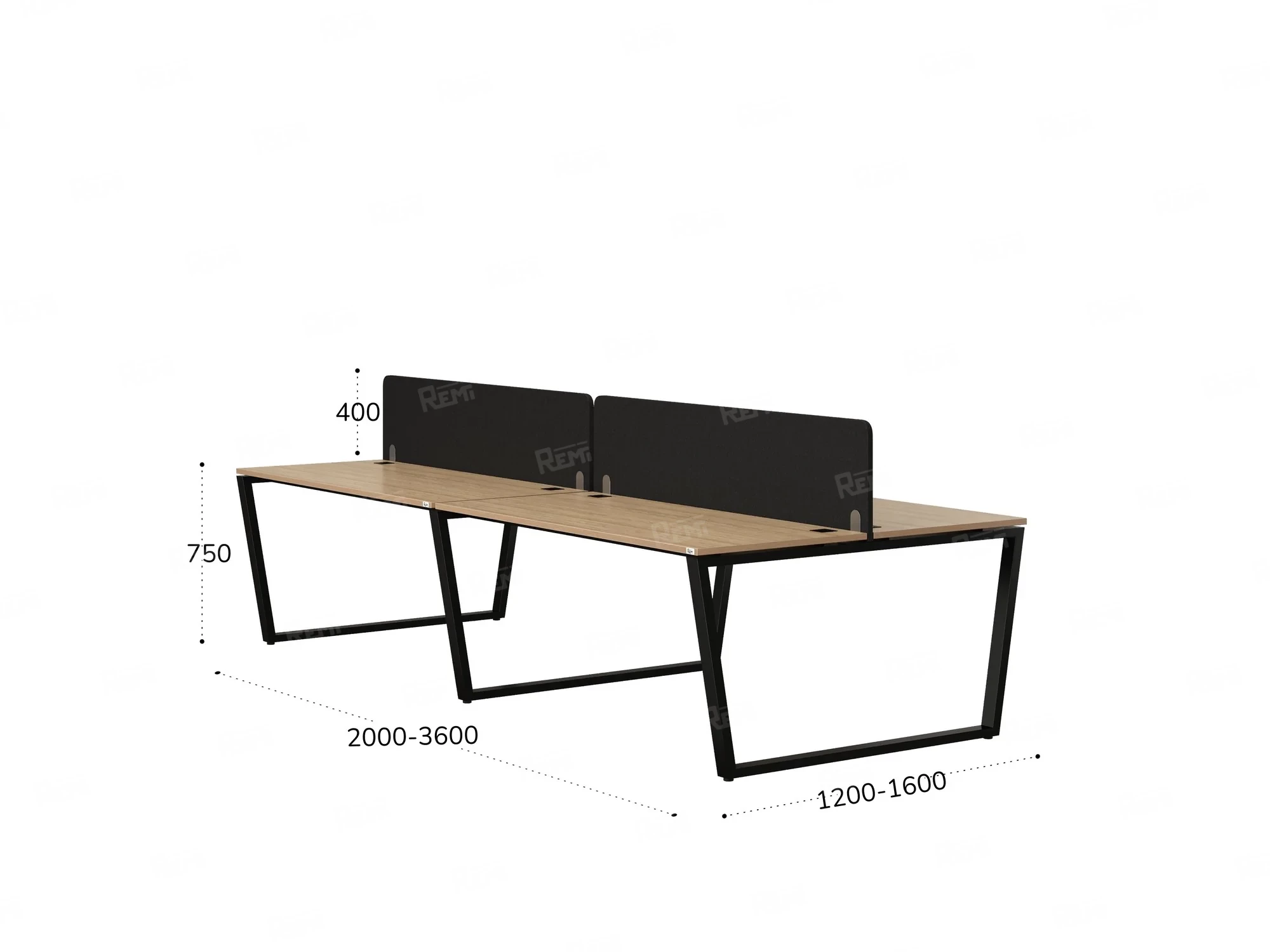 Бенч-система, 4 рабочих места, на U-образных опорах, 2 тканевых экранов 3200x1600x750 RM173-3-16x16 Вяз Швейцарский светлый/Черный