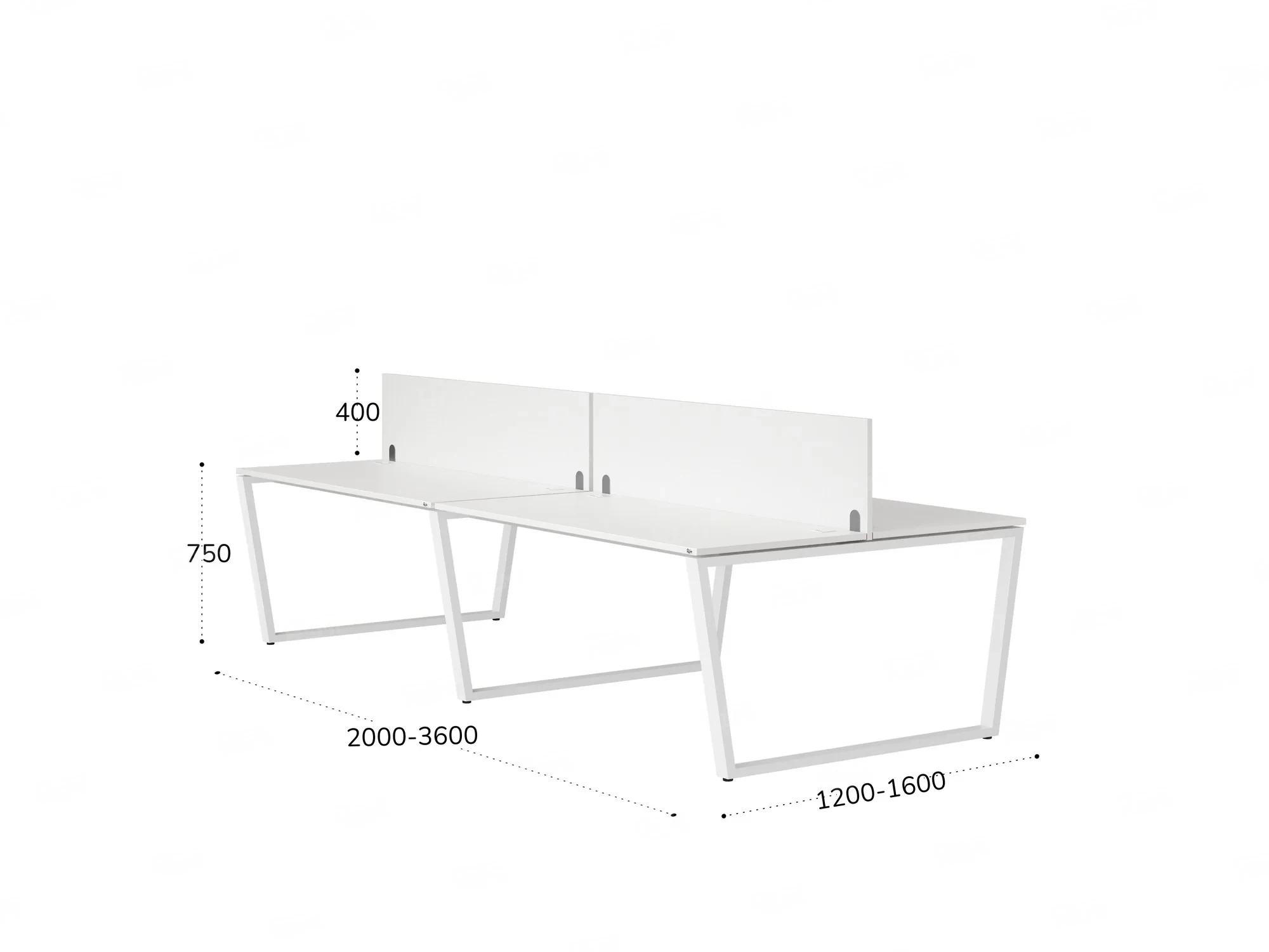 Бенч-система, 4 рабочих места, на U-образных опорах, 2 ЛДСП экранов 2400x1200x750 RM173-4-12x12 Белый/Белый
