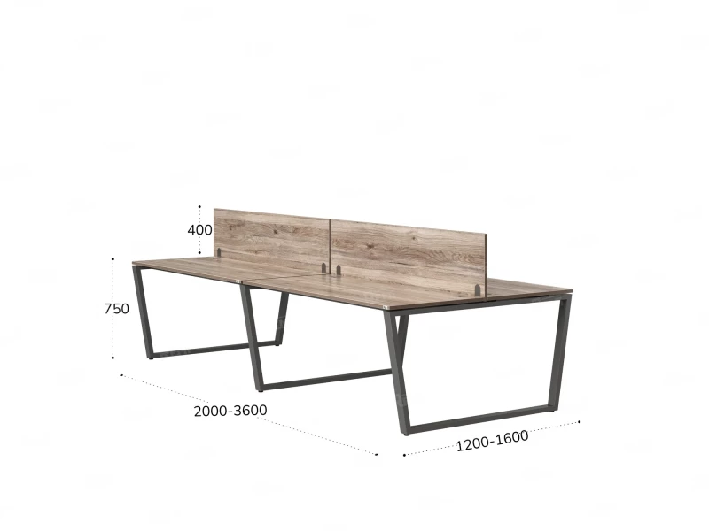 Бенч-система, 4 рабочих места, на U-образных опорах, 2 ЛДСП экранов 3200x1200x750 RM173-4-16x12 Дуб Маувелла/Серый