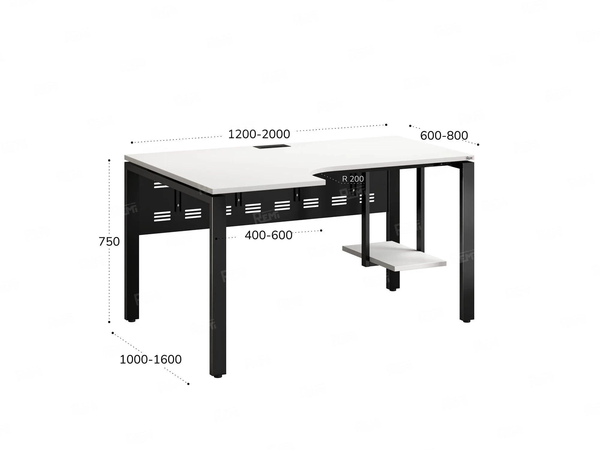 Стол угловой, экран металл, П-опора, левый 1600x900/1200x750, RM059-16x9-12 Белый/Черный