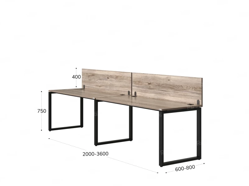 Бенч-система в 1 ряд, 2 рабочих места 2 ЛДСП экранов 3200x600x750 RM168-4-32x6 Дуб Маувелла/Черный