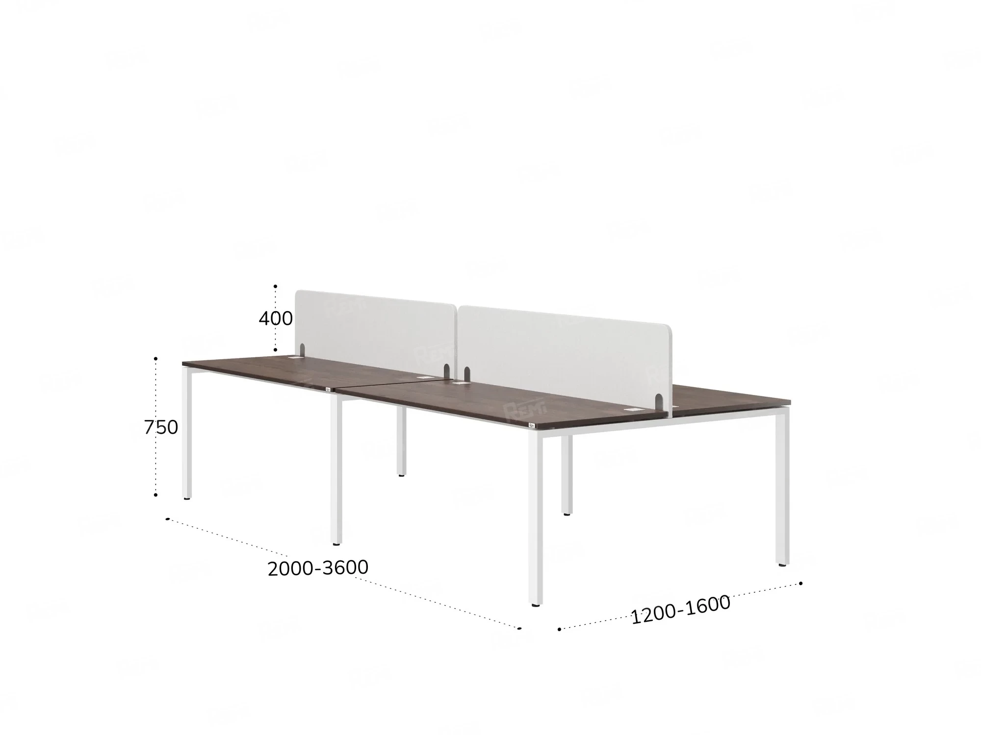 Бенч-система, 4 рабочих места, на П-образных опорах, 2 тканевых экранов 3200x1600x750 RM166-3-16x16 Дуб Апрельский шоколад/Белый