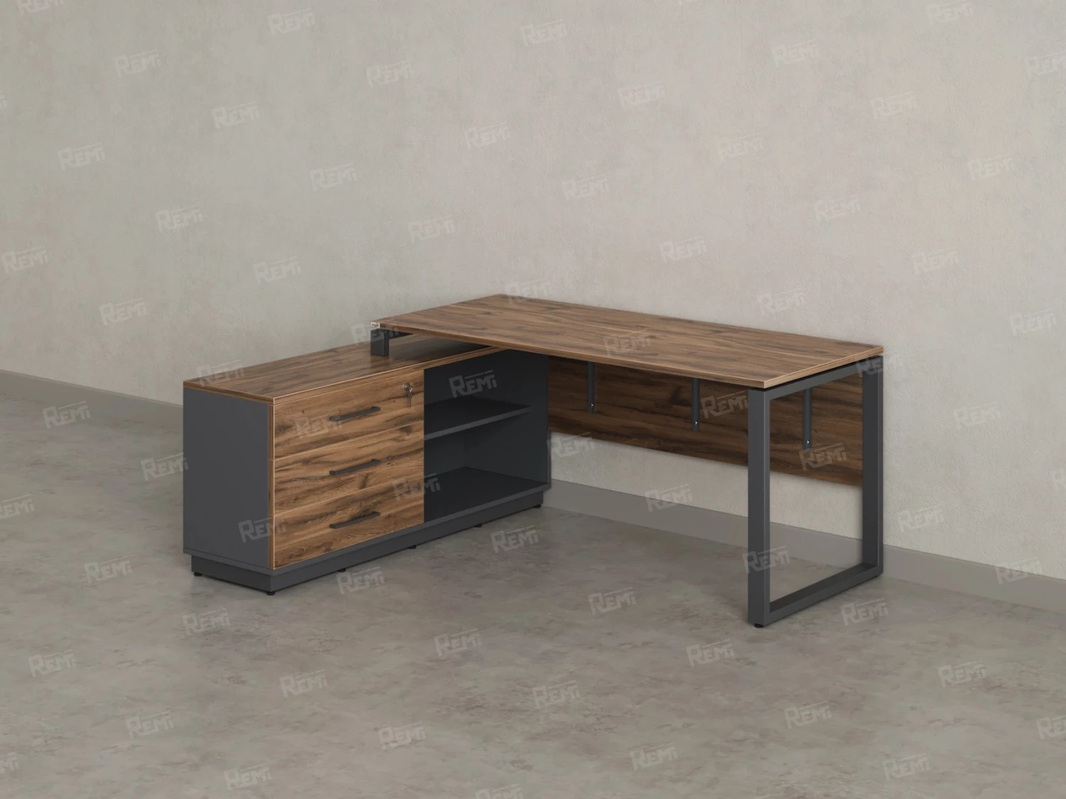 Стол прямой с тумбой L, ЛДСП экран, О-опора 1400x600x750 RM013L-14x6 Дуб Юстус/Серый