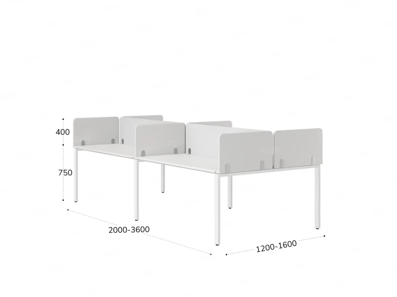 Бенч-система, 4 рабочих места, на П-образных опорах, 8 тканевых экранов 3600x1400x750 RM166-1-18x14 Белый/Белый