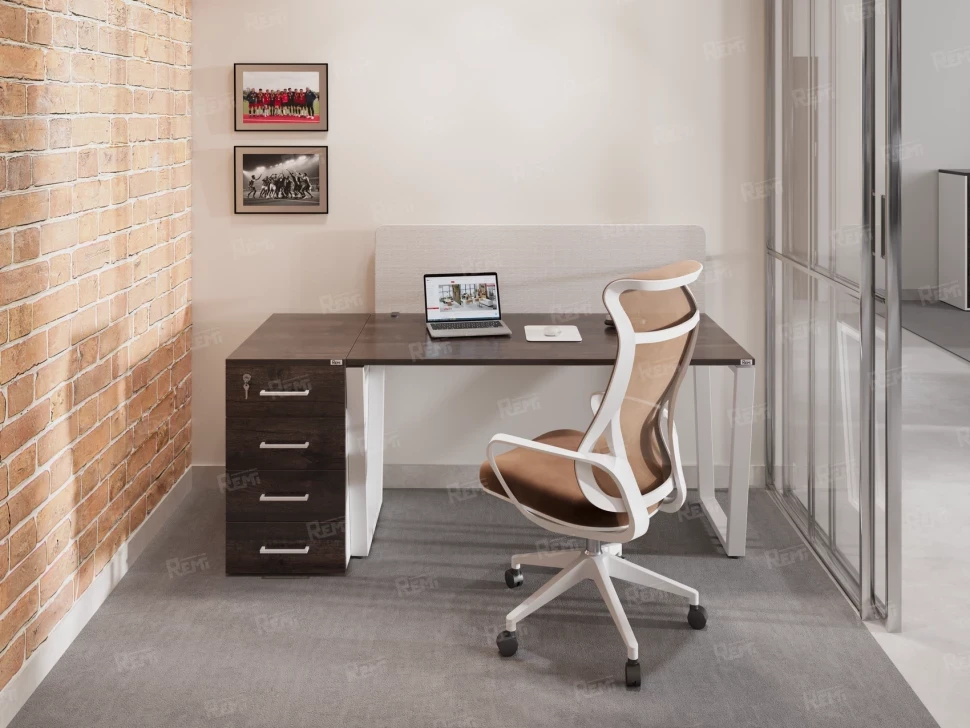 Стол прямой, подвесная тумба, ЛДСП экран, О-опора 1800x700x750 RM032-18x7 Дуб Апрельский шоколад/Белый