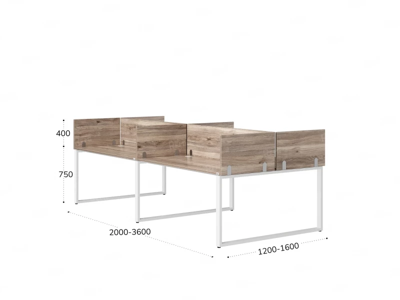 Бенч-система, 4 рабочих места, на О-образных опорах, 8 ЛДСП экранов 3200x1200x750 RM170-1-16x12 Дуб Маувелла/Белый