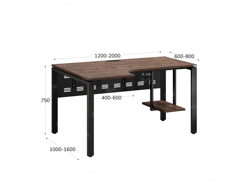 Стол угловой, экран металл, П-опора, левый 1400x600/900x750, RM059-14x6-9 Дуб Апрельский шоколад/Черный
