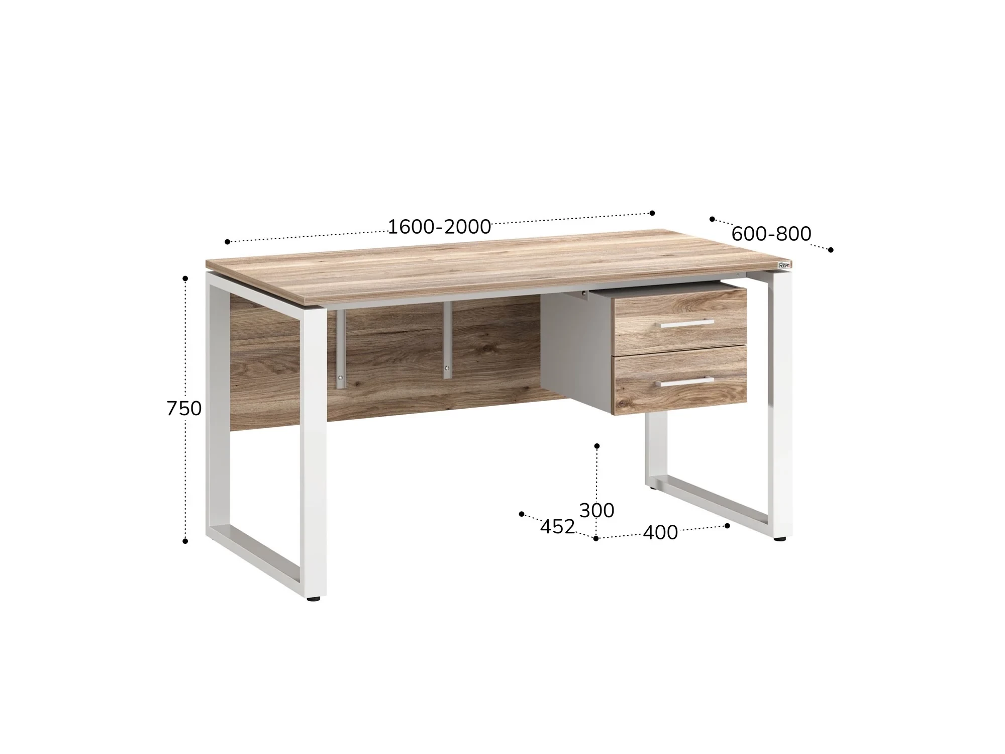 Стол прямой, подвесная тумба, ЛДСП экран, О-опора 2000x800x750 RM033-20x8 Дуб Маувелла/Белый