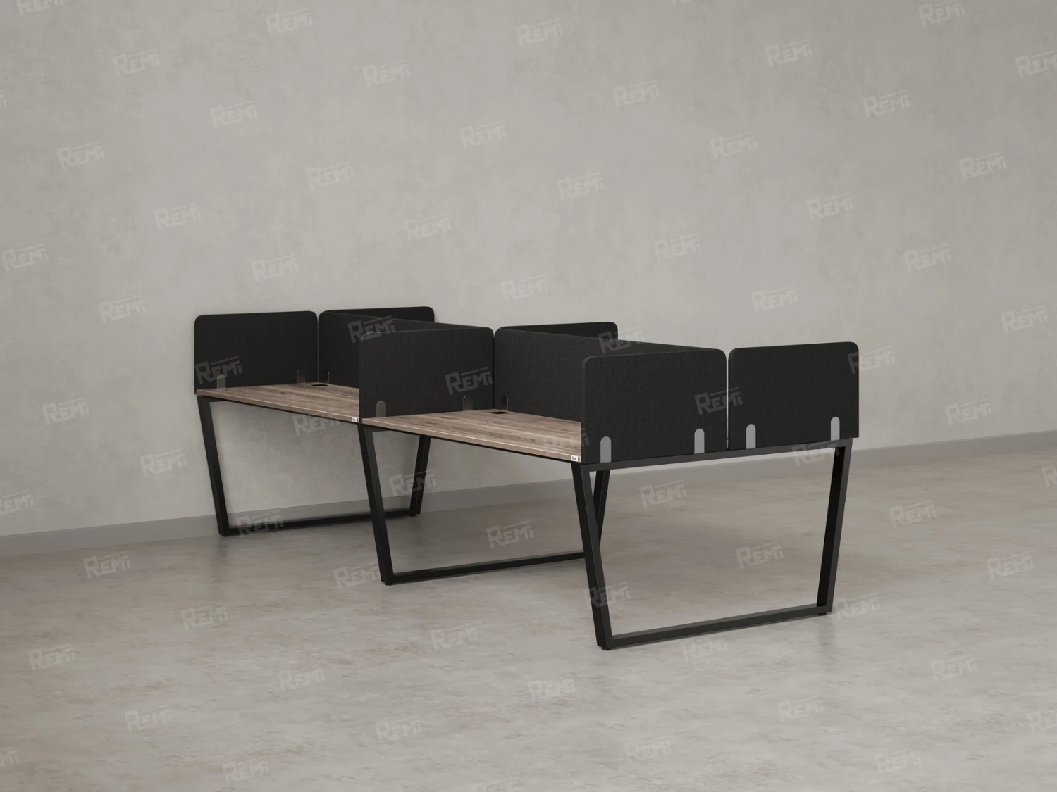 Бенч-система, 4 рабочих места, на U-образных опорах, 8 тканевых экранов 3600x1600x750 RM173-1-18x16 Дуб Маувелла/Черный