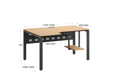 Стол угловой, экран металл, П-опора, левый 1600x900/1200x750, RM059-16x9-12 Вяз Швейцарский светлый/Серый