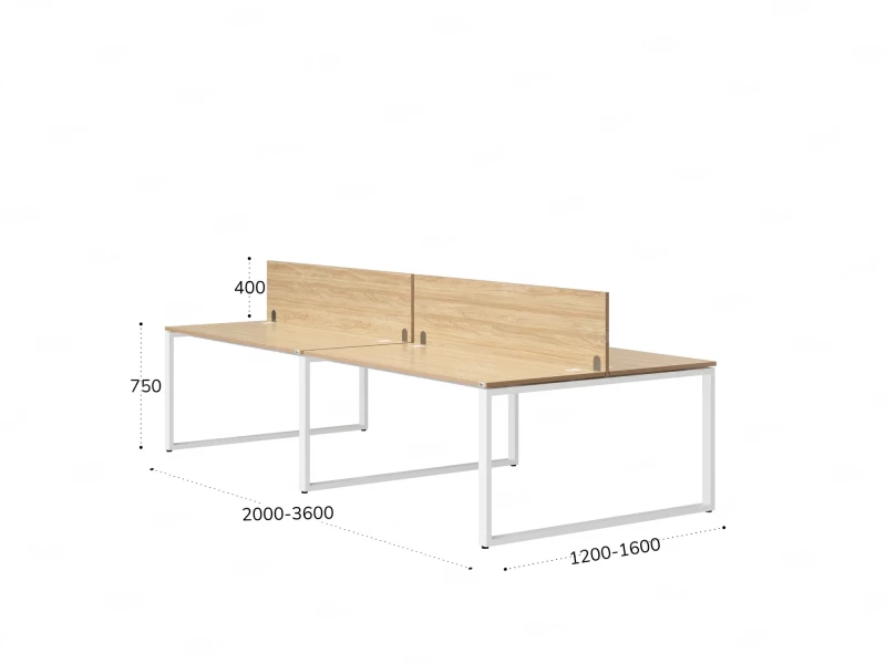 Бенч-система, 4 рабочих места, на О-образных опорах, 2 ЛДСП экранов 3600x1400x750 RM170-4-18x14 Вяз Швейцарский светлый/Белый