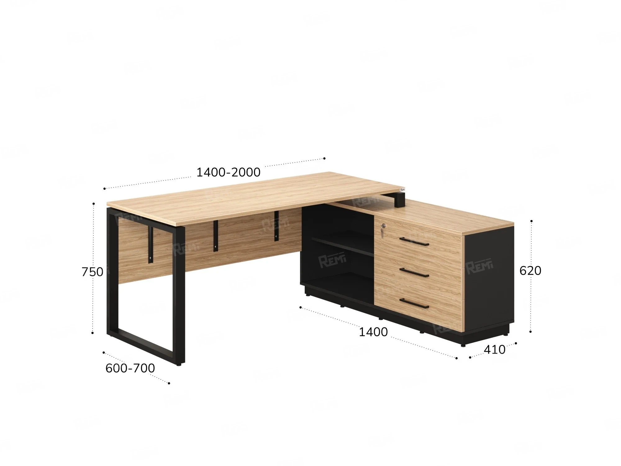 Стол прямой с тумбой R, ЛДСП экран, О-опора 2000x1400x750 RM012R-20x6 Вяз Швейцарский светлый/Черный
