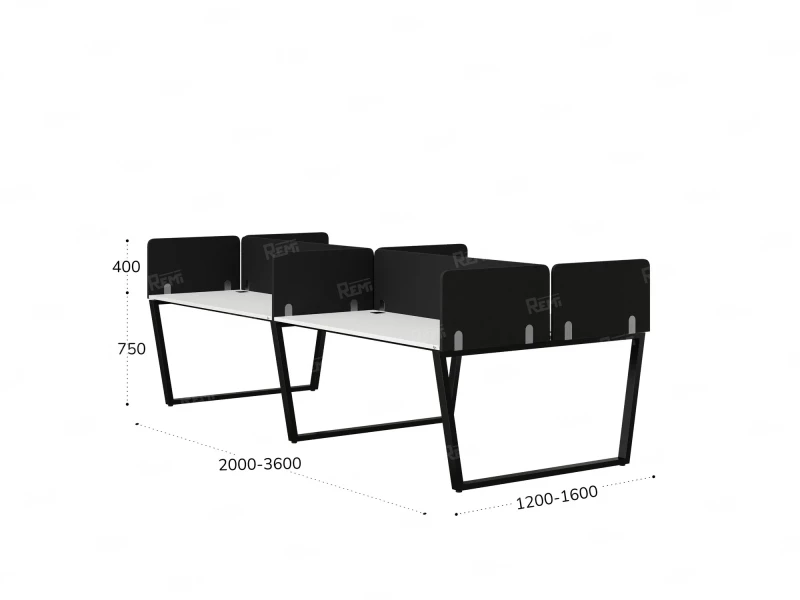 Бенч-система, 4 рабочих места, на U-образных опорах, 8 тканевых экранов 2800x1600x750 RM173-1-14x16 Белый/Черный