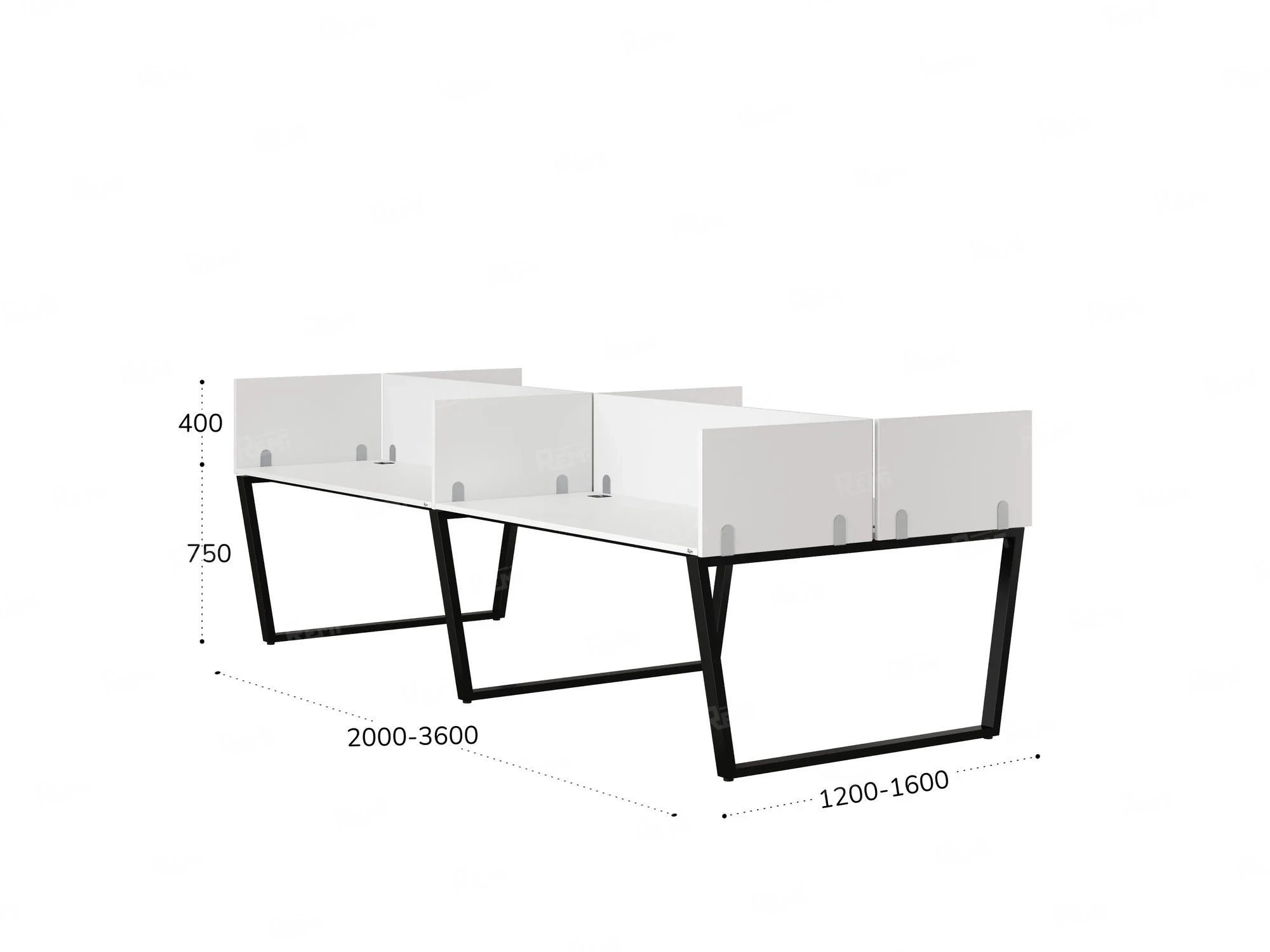 Бенч-система, 4 рабочих места, на U-образных опорах, 8 ЛДСП экранов 3600x1400x750 RM173-2-18x14 Белый/Черный