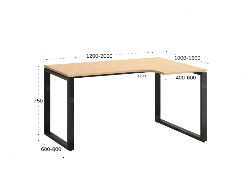 Стол угловой, О-опора, правый 1600x900/1200x750, RM054-16x9-12 Вяз Швейцарский светлый/Черный