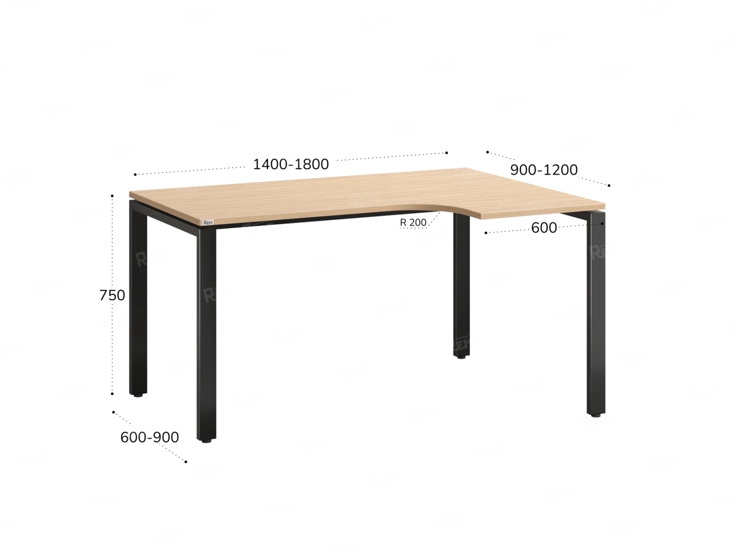 Стол угловой, П-опора, правый 1400x900/1200x750, RM052-14x9-12 Вяз Швейцарский светлый/Черный