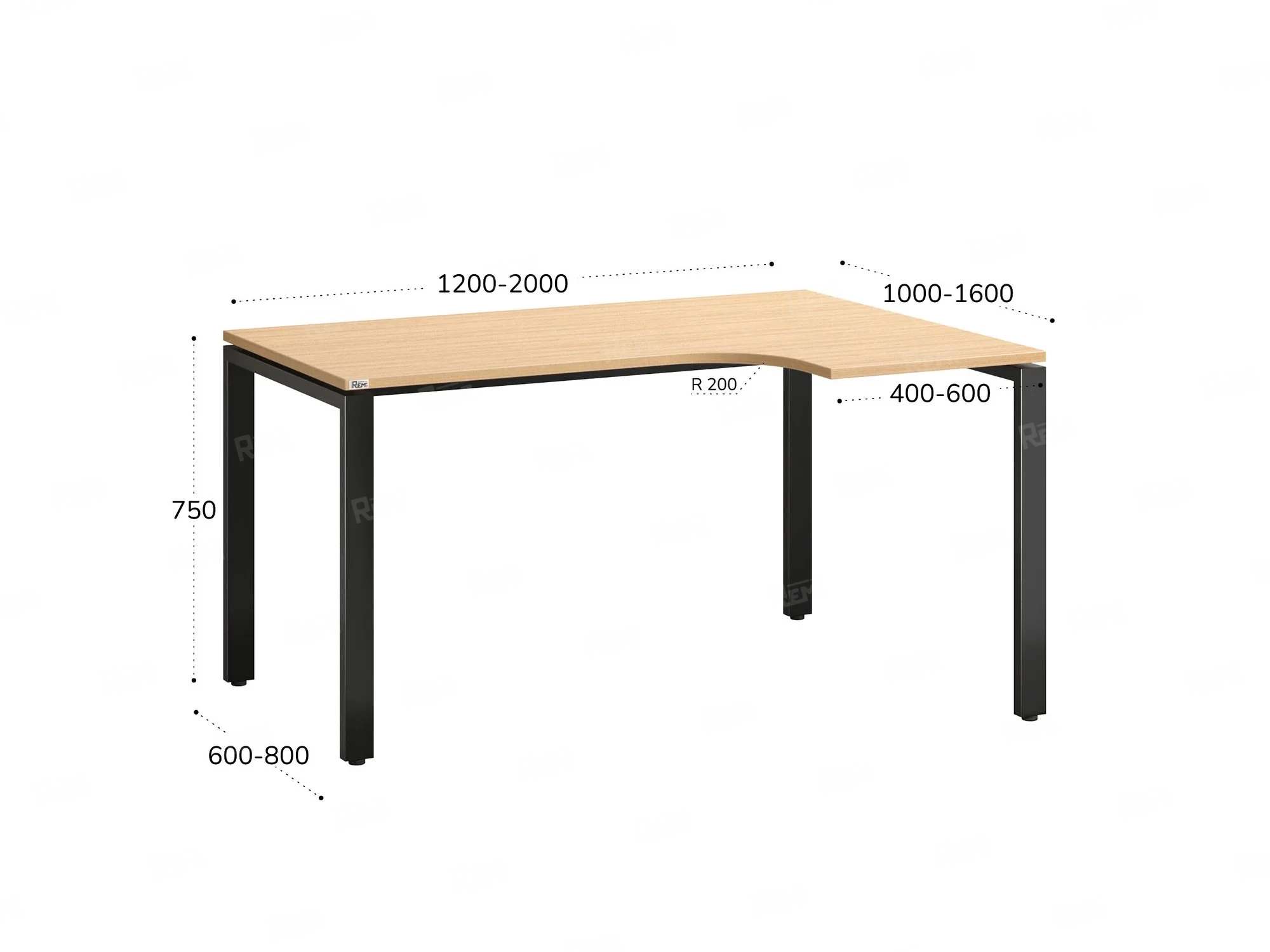 Стол угловой, П-опора, правый 1400x900/1200x750, RM052-14x9-12 Вяз Швейцарский светлый/Черный