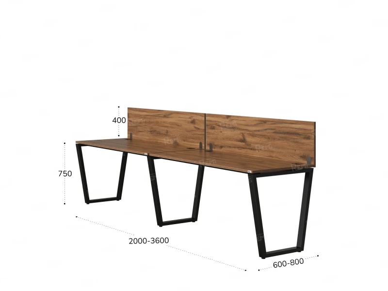 Бенч-система в 1 ряд, 2 рабочих места 2 ЛДСП экранов 3200x600x750 RM174-4-32x6 Дуб Юстус/Черный