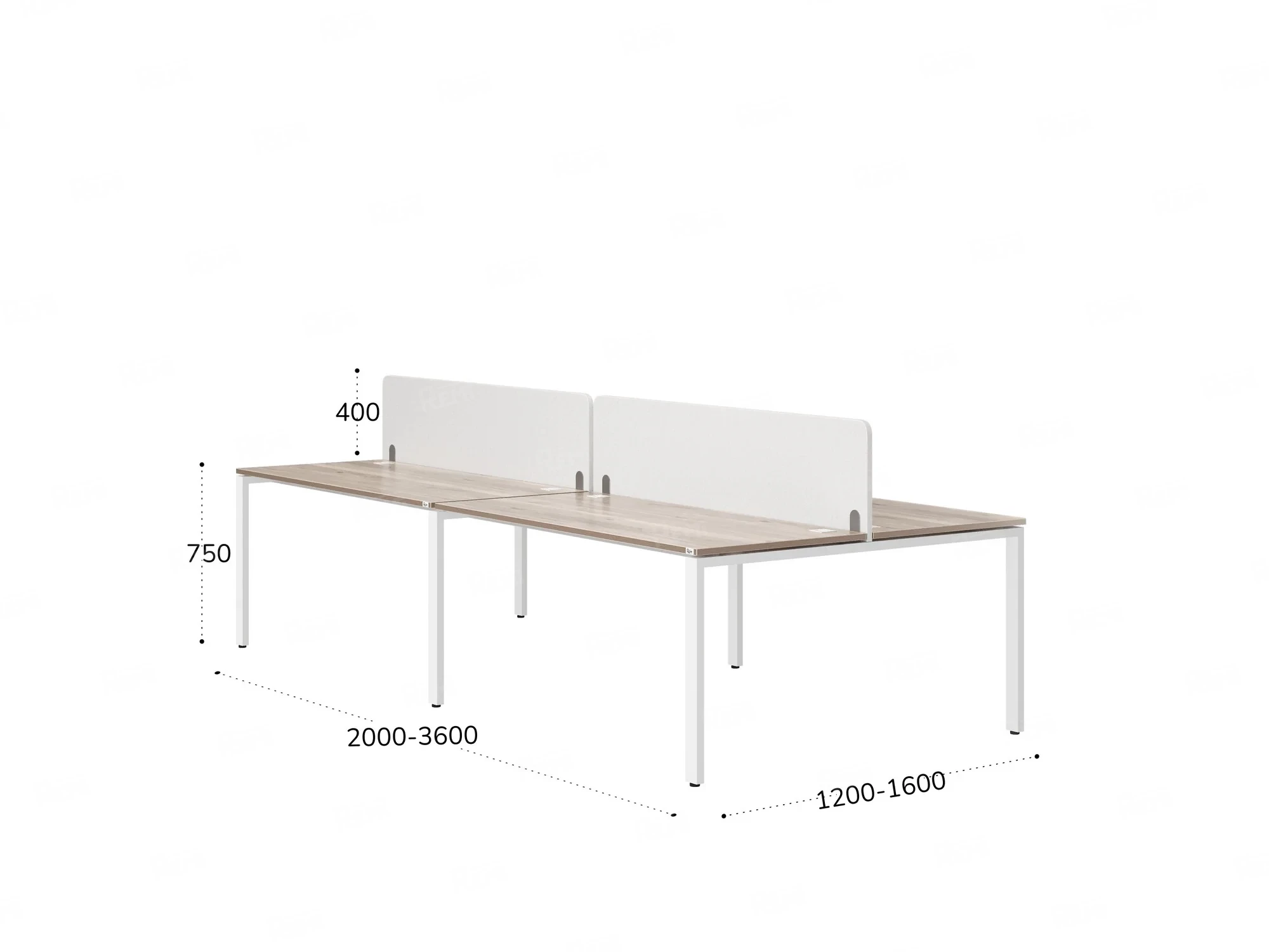 Бенч-система, 4 рабочих места, на П-образных опорах, 2 тканевых экранов 3200x1600x750 RM166-3-16x16 Дуб Маувелла/Белый