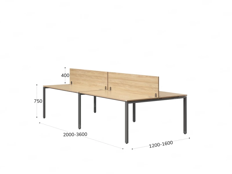 Бенч-система, 4 рабочих места, на П-образных опорах, 2 ЛДСП экранов 2400x1200x750 RM166-4-12x12 Вяз Швейцарский светлый/Серый