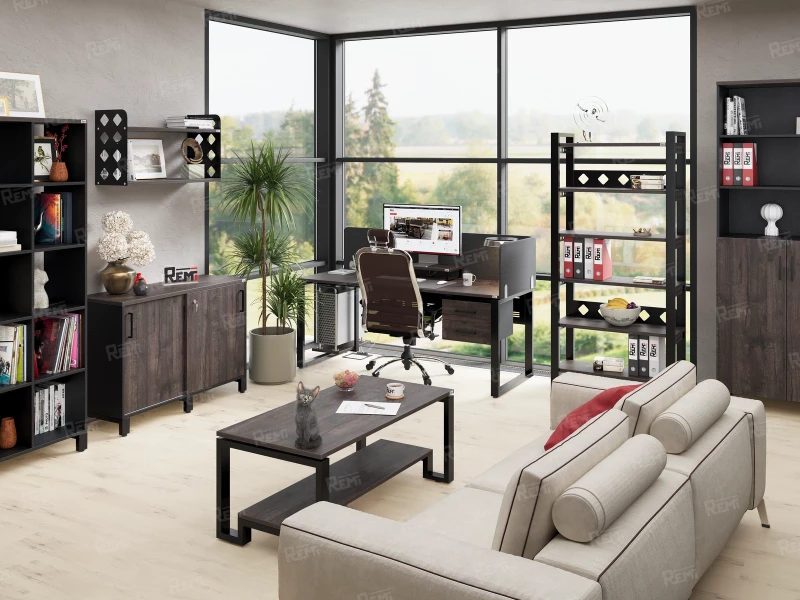 Бенч-система, 4 рабочих места, на П-образных опорах, 8 ЛДСП экранов 3200x1600x750 RM166-2-16x16 Дуб Апрельский шоколад/Черный