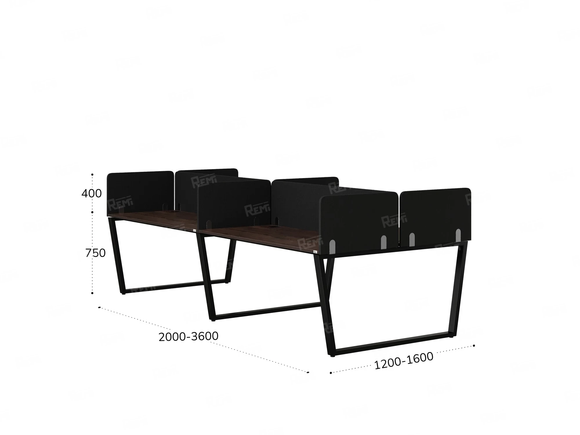 Бенч-система, 4 рабочих места, на U-образных опорах, 8 тканевых экранов 2000x1400x750 RM173-1-10x14 Дуб Апрельский шоколад/Черный