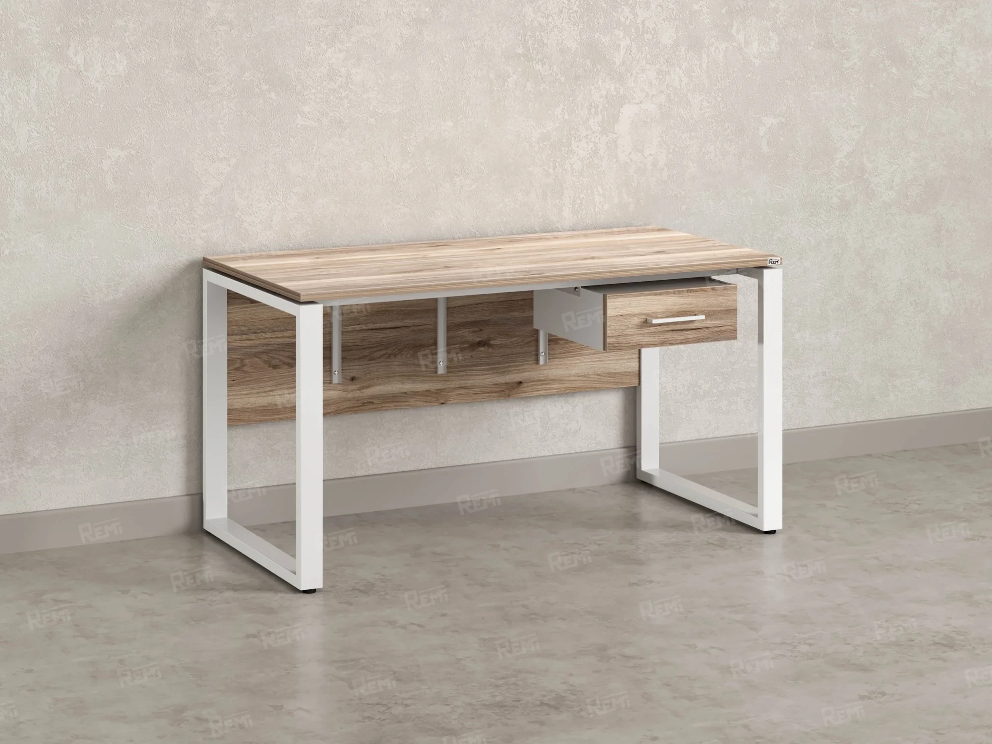 Стол прямой, подвесная тумба, ЛДСП экран, О-опора 1800x700x750 RM032-18x7 Дуб Маувелла/Белый