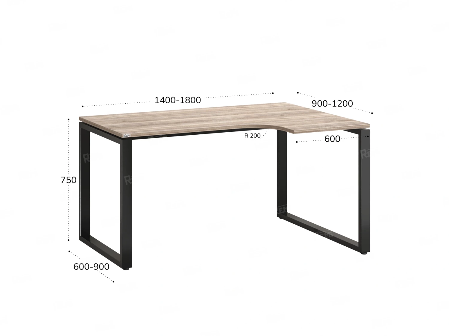 Стол угловой, О-опора, правый 1400x600/900x750, RM054-14x6-9 Дуб Маувелла/Черный