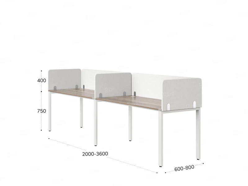 Бенч-система в 1 ряд, 2 рабочих места 5 тканевых экранов 2000x700x750 RM167-1-20x7 Дуб Маувелла/Белый