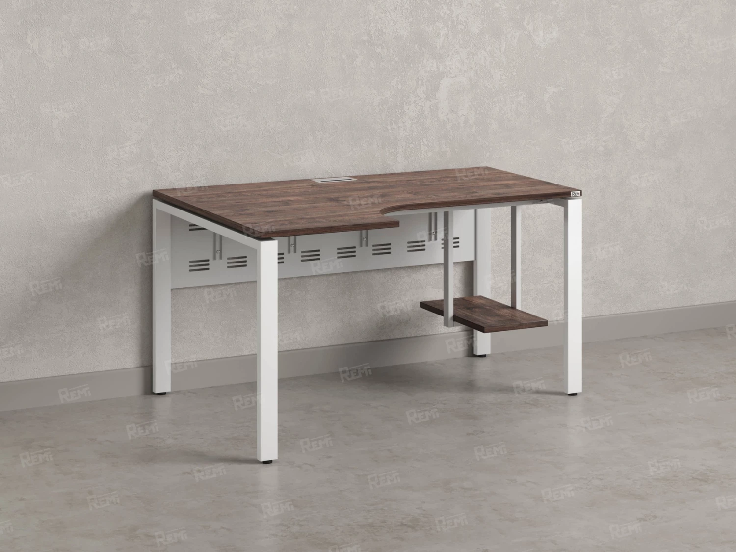 Стол угловой, экран металл, П-опора, левый 1600x900/1200x750, RM059-16x9-12 Дуб Апрельский шоколад/Белый